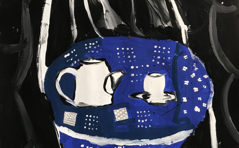 Art 3: Still-life with a blueprint fabric